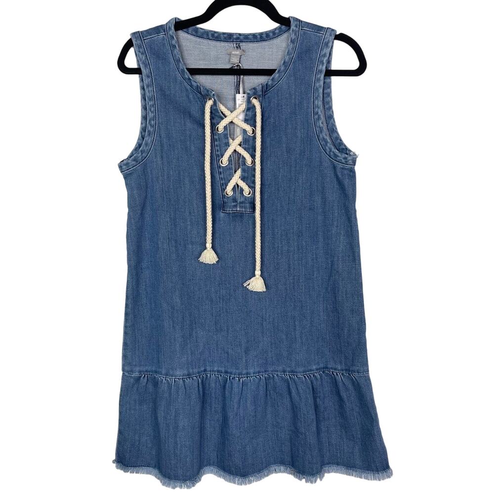 New Aerie Small Blue Lace Up Denim Peplum Dress Stretch Cotton Medium Wash